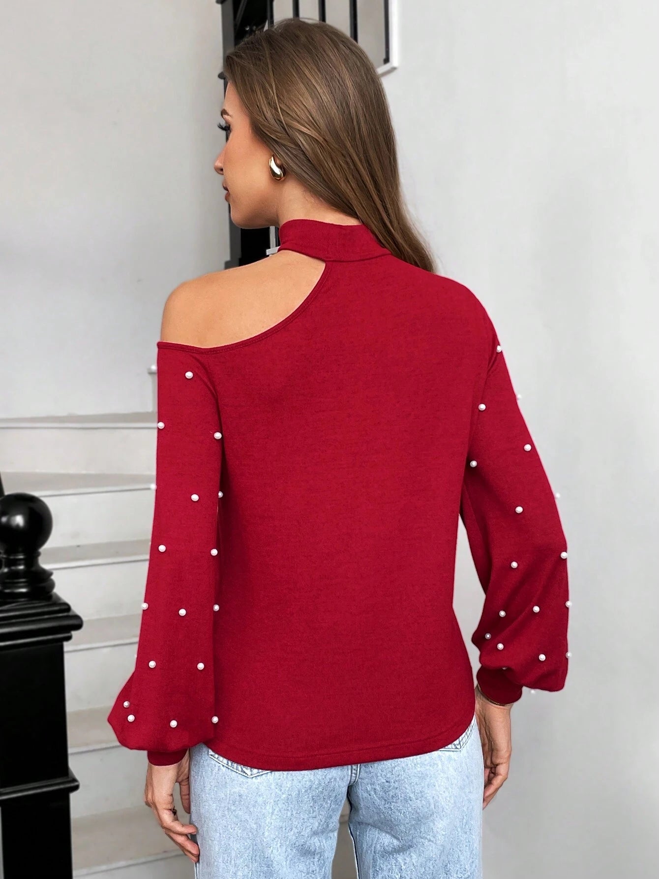 Essnce Christmas Women Clothes High Collar Off-Shoulder Red Women's Asymmetrical Collar Long Sleeve Elegant Faux Pearl Shirt, Autumn And Winter