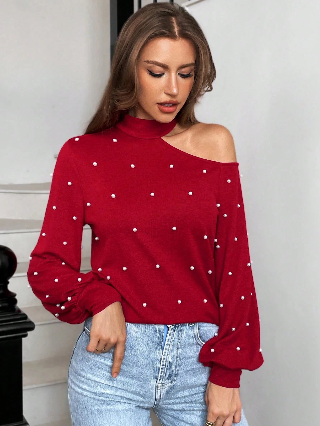 Essnce Christmas Women Clothes High Collar Off-Shoulder Red Women's Asymmetrical Collar Long Sleeve Elegant Faux Pearl Shirt, Autumn And Winter