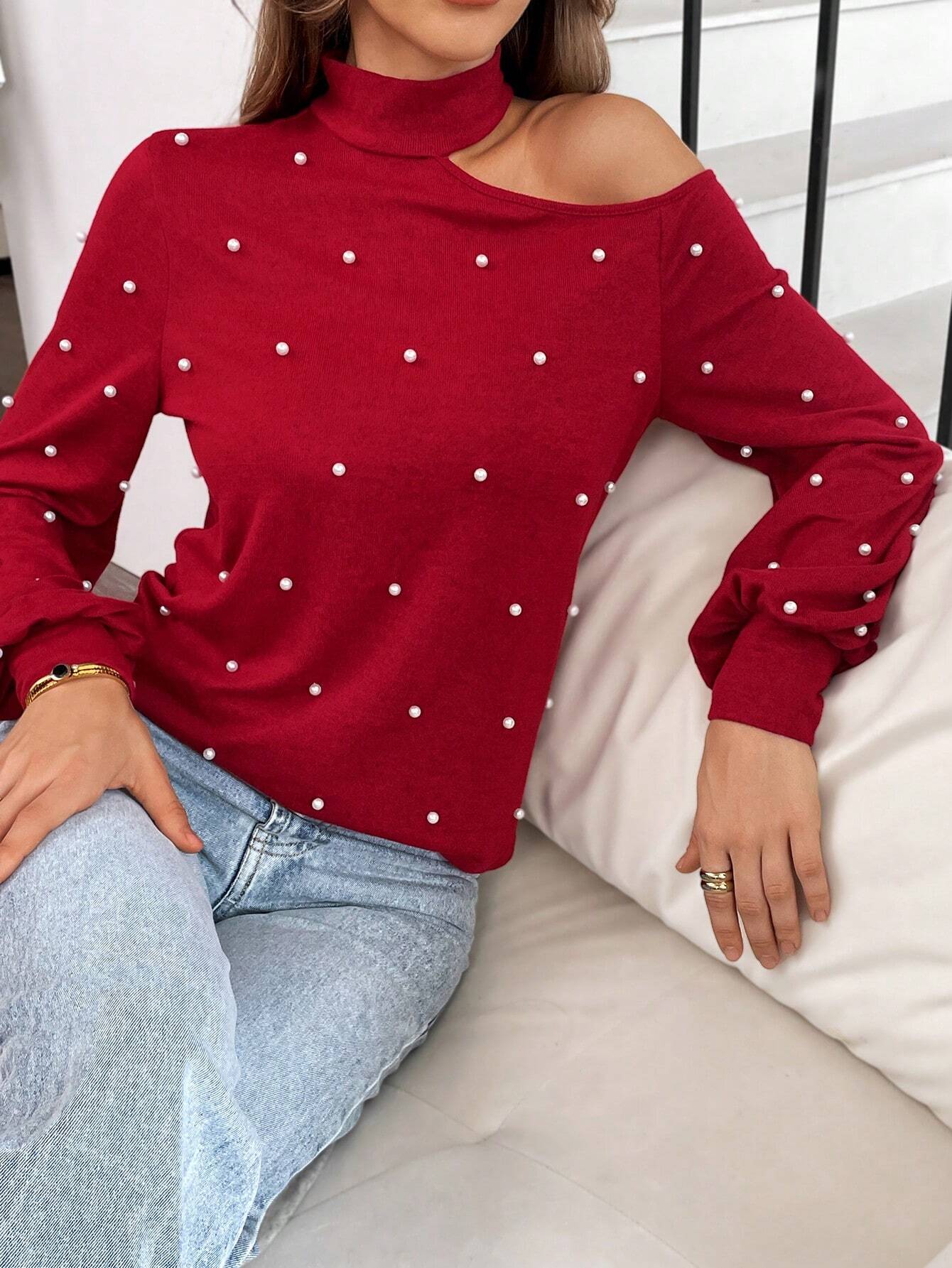 Essnce Christmas Women Clothes High Collar Off-Shoulder Red Women's Asymmetrical Collar Long Sleeve Elegant Faux Pearl Shirt, Autumn And Winter