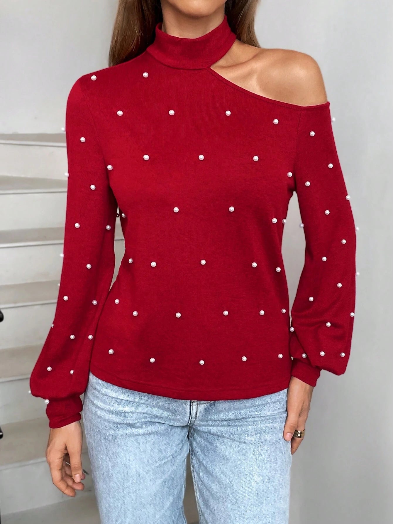 Essnce Christmas Women Clothes High Collar Off-Shoulder Red Women's Asymmetrical Collar Long Sleeve Elegant Faux Pearl Shirt, Autumn And Winter