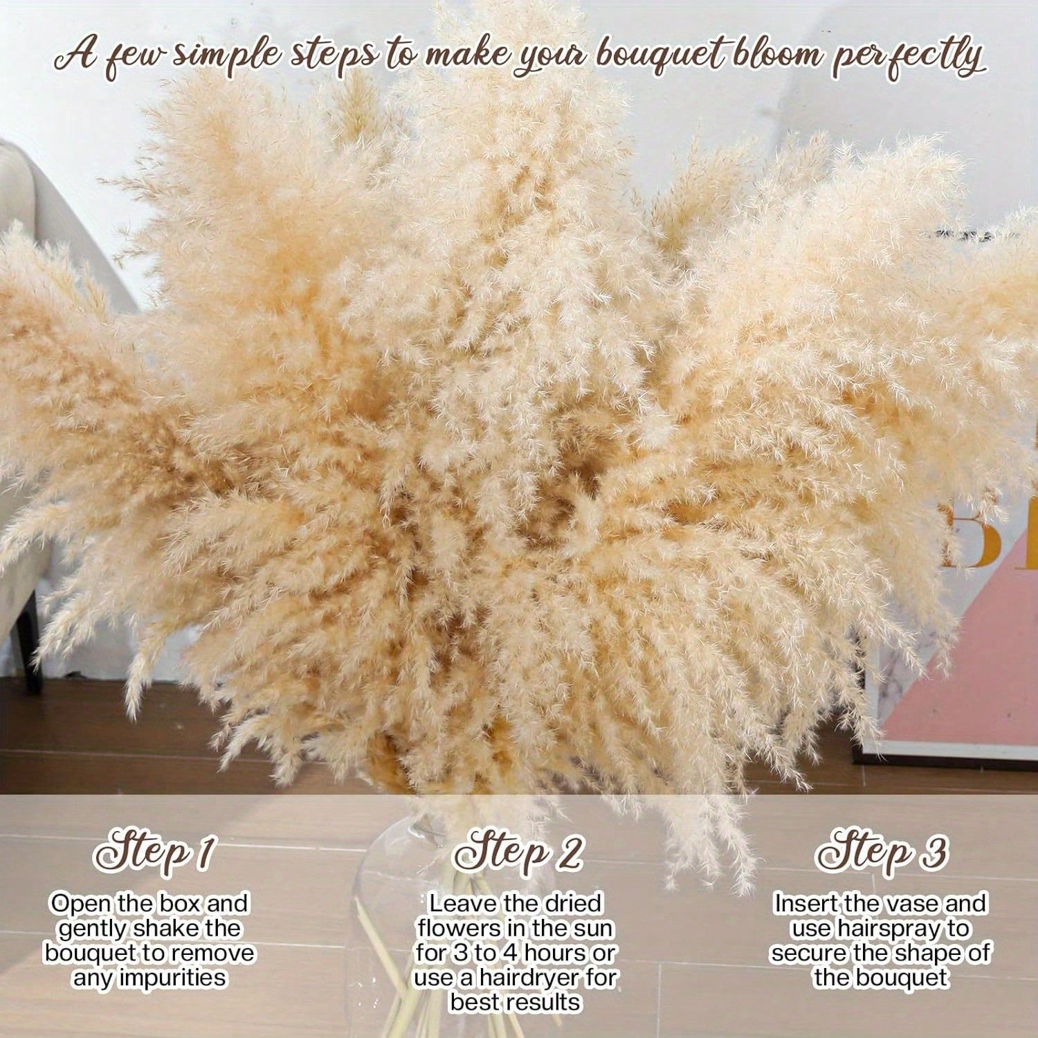 8/10/12/15/18/20/22pcs Fluffy Pampas Grass Dried Flowers, Boho Decor For Indoor Living Room, Kitchen, Bedroom, Outdoor, Especially Suitable For Wedding, Birthday Party, Autumn, And Christmas