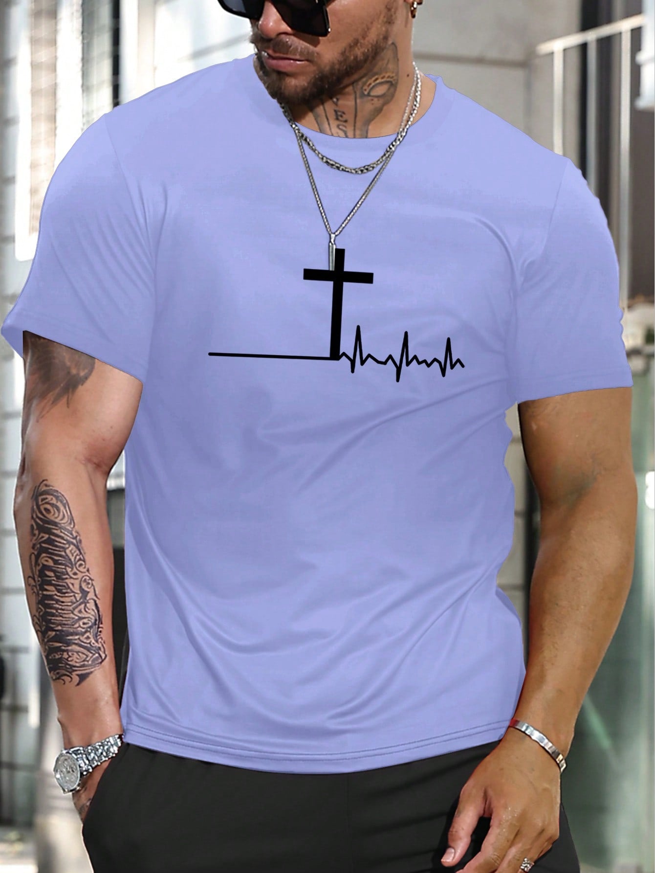 Manfinity Homme Men Summer Casual Short Sleeve T-Shirt With ECG And Cross Print