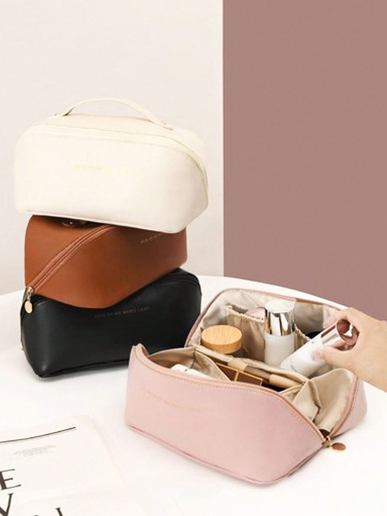 PU Leather Waterproof Cosmetic Bag, Portable Toiletries Cosmetic Bag, Cosmetics Storage Bag, Large Capacity Spacious Double-Layer Cosmetic Bag, Waterproof PU Skin Care Bag, Cosmetics Travel Bag, Cosmetic Bag, Cosmetic Bag, Skin Care Product Bag, Toiletri