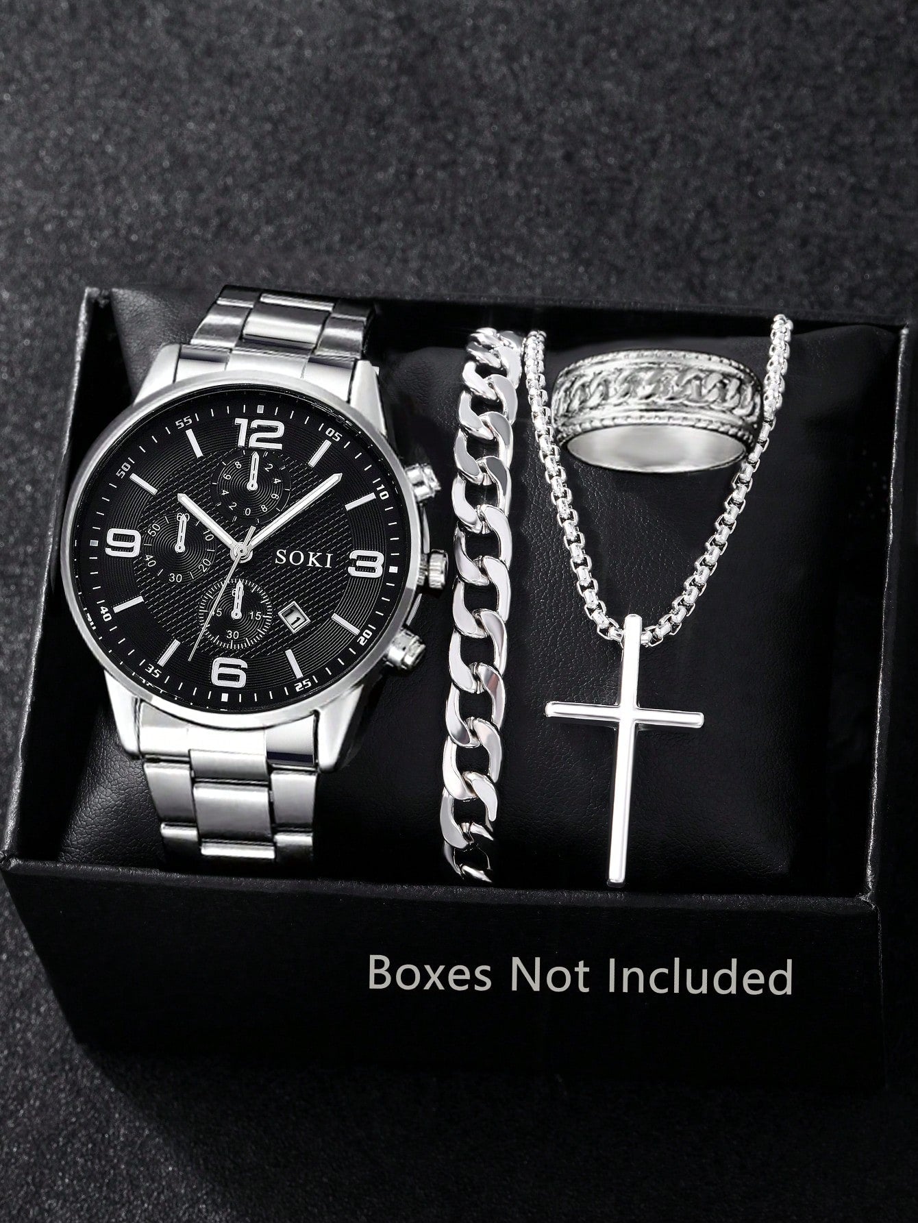 Fashionable 4pcs Men's Quartz Watch Set With Calendar Function Black Zinc Alloy Case & Bracelet, Round Dial, Electronic Drive & Pointer Display, Including Pendant Necklace & Bracelet,Ring Ideal Birthday Gift For Him (No Box)