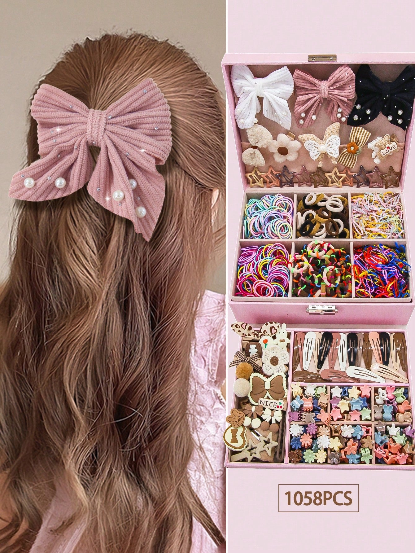 1058pcs/Set Kids Girls Colorful Fabric Bow, Cartoon Flower, Chiffon Elastic, Butterfly, Rainbow Hair Clips, Hair Ties, Barrettes, Scrunchies, Ponytail Holders Hair Accessories Set, Ideal For Daily Use And Gifts