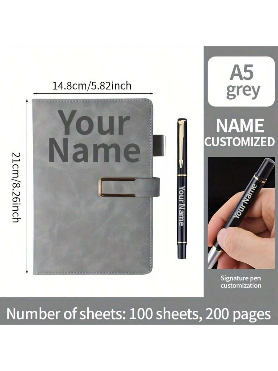 1pc Customized A5 Notebook With Customized Engraved Ballpoint Pen - Minimalist Texture Notebook, Suitable For Notes, Diary And Meetings - Customized Name, Phone, Logo - Retro Clasp Design - Ideal Gift For Office Or Personal Use