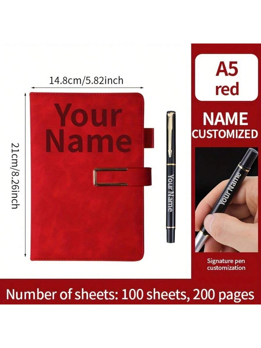 1pc Customized A5 Notebook With Customized Engraved Ballpoint Pen - Minimalist Texture Notebook, Suitable For Notes, Diary And Meetings - Customized Name, Phone, Logo - Retro Clasp Design - Ideal Gift For Office Or Personal Use