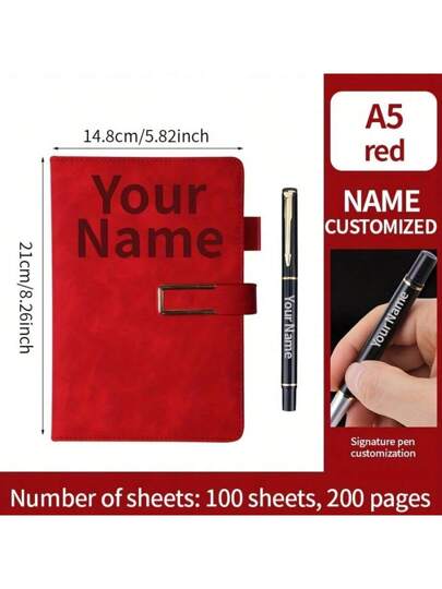 1pc Customized A5 Notebook With Customized Engraved Ballpoint Pen - Minimalist Texture Notebook, Suitable For Notes, Diary And Meetings - Customized Name, Phone, Logo - Retro Clasp Design - Ideal Gift For Office Or Personal Use