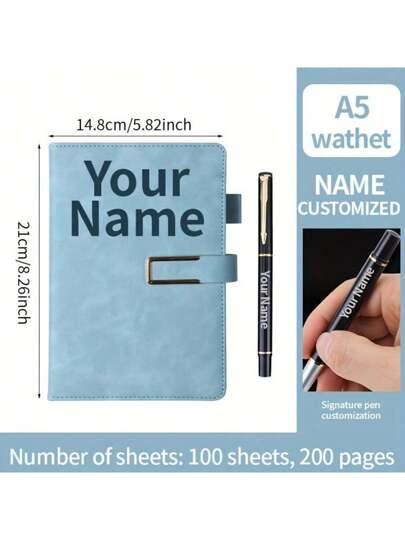 1pc Customized A5 Notebook With Customized Engraved Ballpoint Pen - Minimalist Texture Notebook, Suitable For Notes, Diary And Meetings - Customized Name, Phone, Logo - Retro Clasp Design - Ideal Gift For Office Or Personal Use