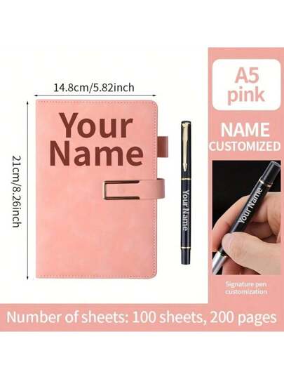 1pc Customized A5 Notebook With Customized Engraved Ballpoint Pen - Minimalist Texture Notebook, Suitable For Notes, Diary And Meetings - Customized Name, Phone, Logo - Retro Clasp Design - Ideal Gift For Office Or Personal Use