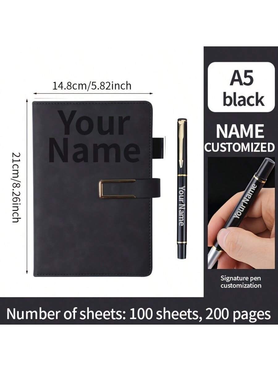 1pc Customized A5 Notebook With Customized Engraved Ballpoint Pen - Minimalist Texture Notebook, Suitable For Notes, Diary And Meetings - Customized Name, Phone, Logo - Retro Clasp Design - Ideal Gift For Office Or Personal Use