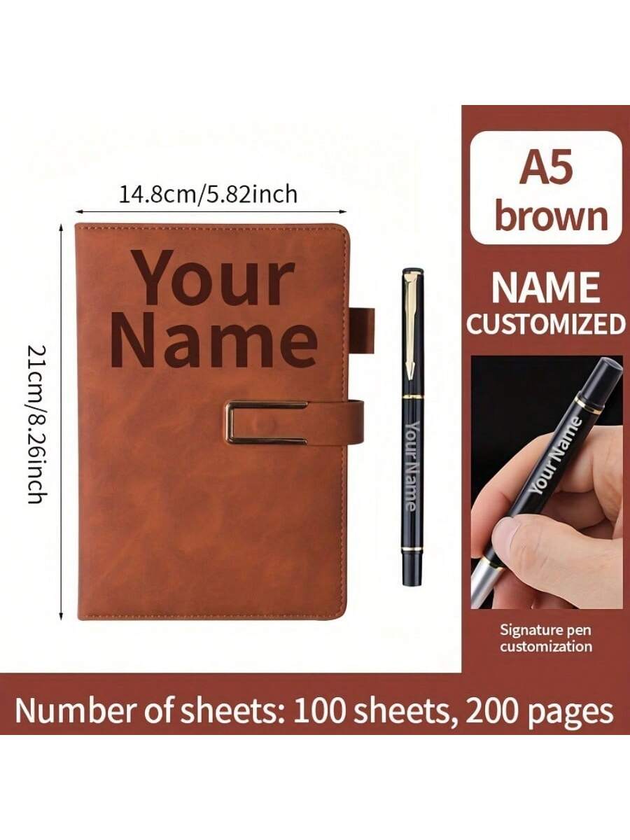 1pc Customized A5 Notebook With Customized Engraved Ballpoint Pen - Minimalist Texture Notebook, Suitable For Notes, Diary And Meetings - Customized Name, Phone, Logo - Retro Clasp Design - Ideal Gift For Office Or Personal Use