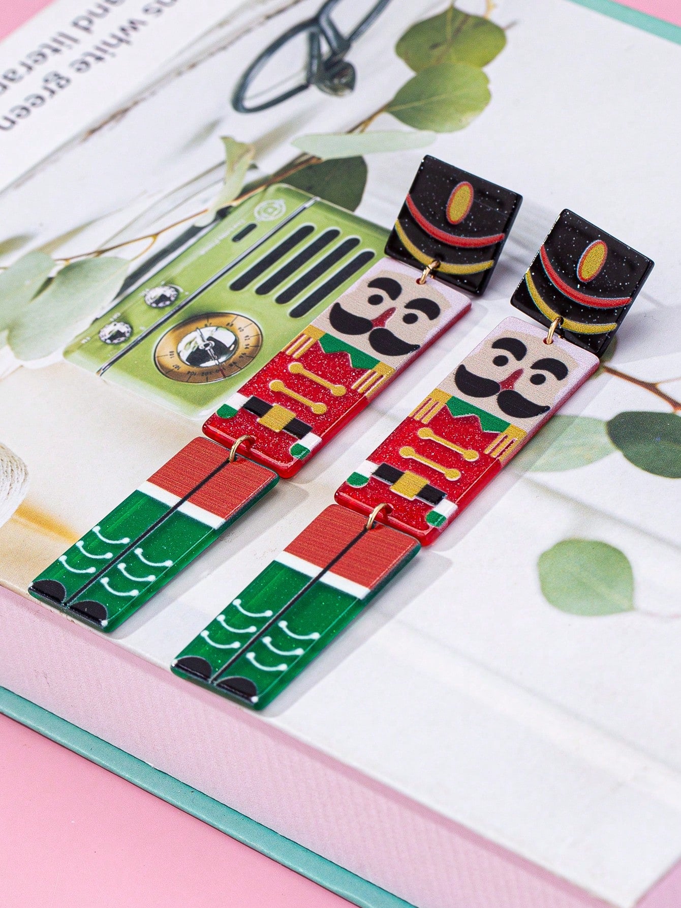 1 Pair Fashionable Acrylic Nutcracker Soldier Multicolor Long Design Earrings, Suitable As Christmas Gift