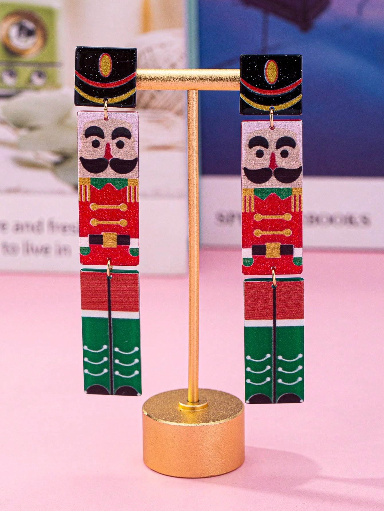 1 Pair Fashionable Acrylic Nutcracker Soldier Multicolor Long Design Earrings, Suitable As Christmas Gift