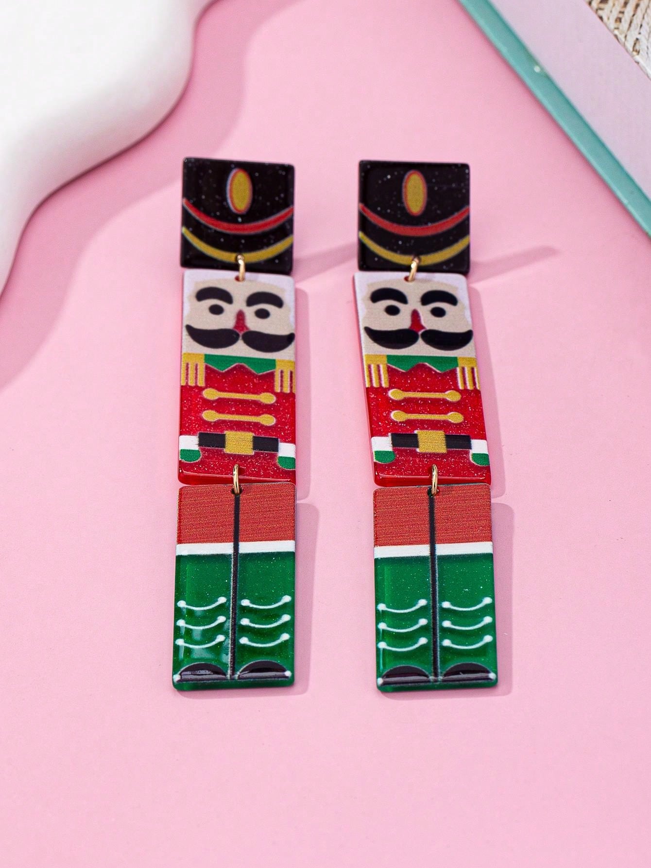 1 Pair Fashionable Acrylic Nutcracker Soldier Multicolor Long Design Earrings, Suitable As Christmas Gift