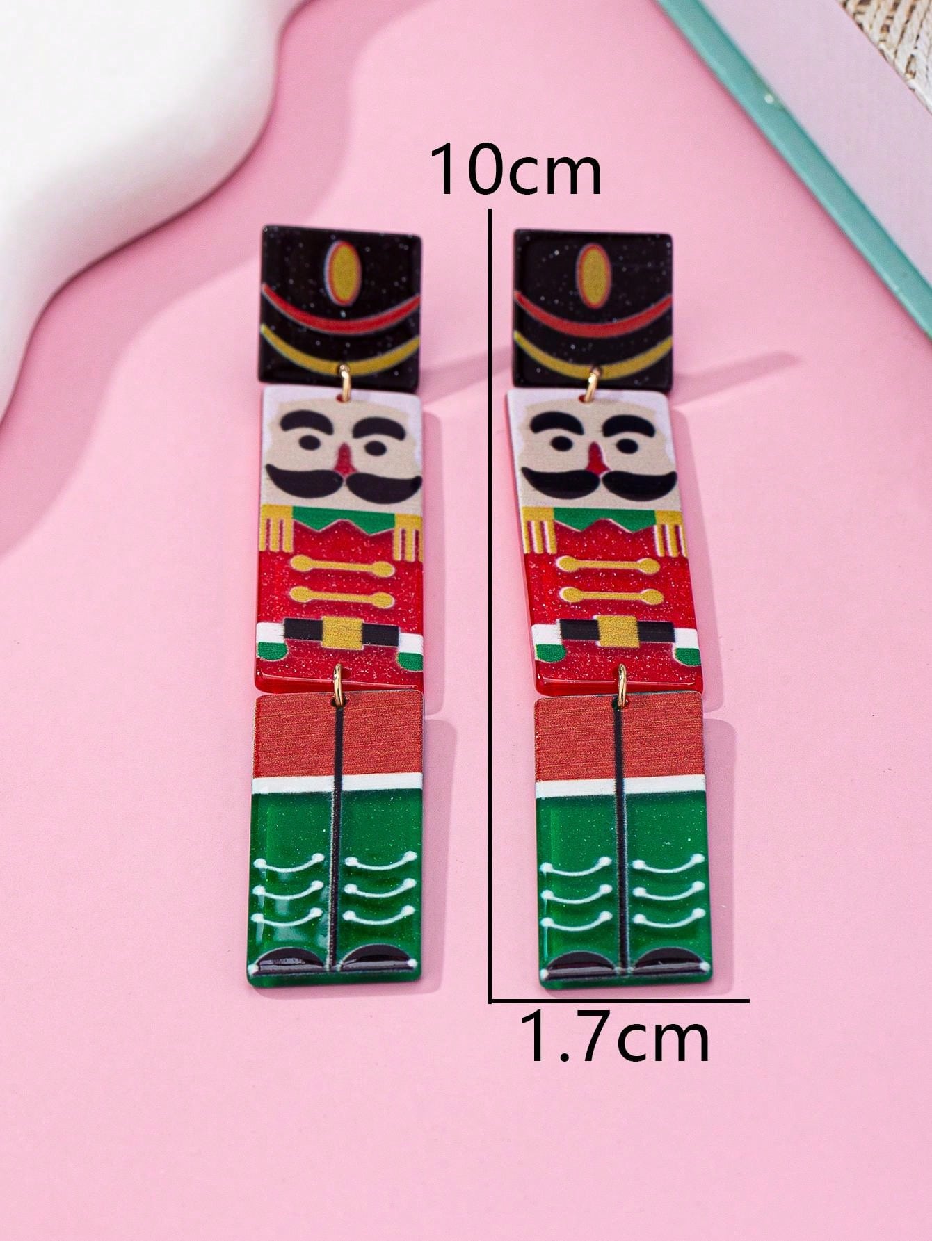 1 Pair Fashionable Acrylic Nutcracker Soldier Multicolor Long Design Earrings, Suitable As Christmas Gift