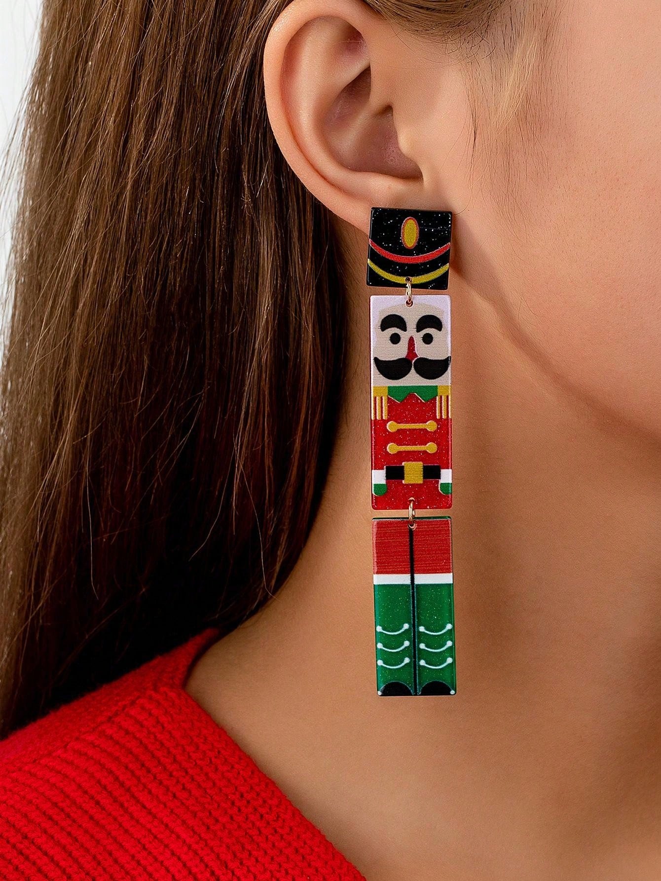 1 Pair Fashionable Acrylic Nutcracker Soldier Multicolor Long Design Earrings, Suitable As Christmas Gift