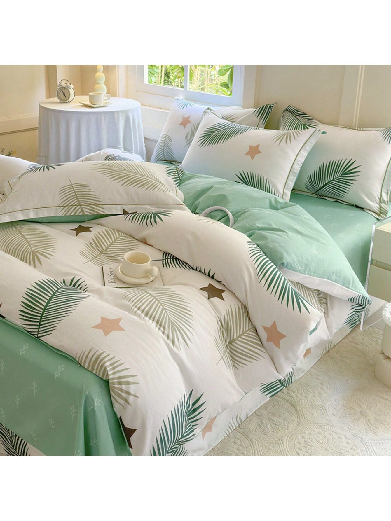 1 Set Breathable Leaf Print Duvet Cover And Pillowcase Set (3 Pcs) - 4 Corner Ties, Comfortable For All Seasons, Zipper Closure, Machine Washable, Available In Single