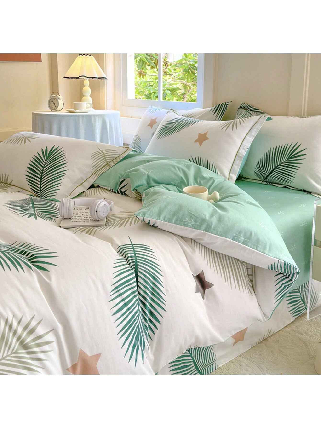 1 Set Breathable Leaf Print Duvet Cover And Pillowcase Set (3 Pcs) - 4 Corner Ties, Comfortable For All Seasons, Zipper Closure, Machine Washable, Available In Single