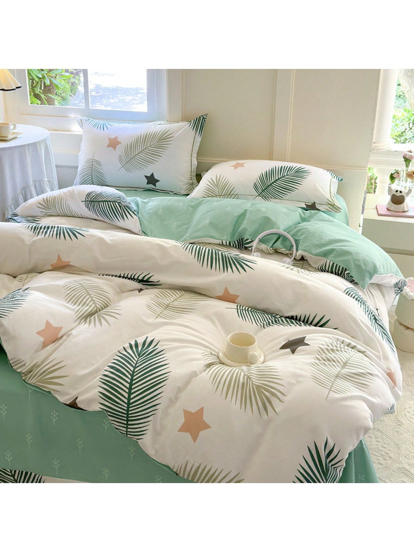 1 Set Breathable Leaf Print Duvet Cover And Pillowcase Set (3 Pcs) - 4 Corner Ties, Comfortable For All Seasons, Zipper Closure, Machine Washable, Available In Single