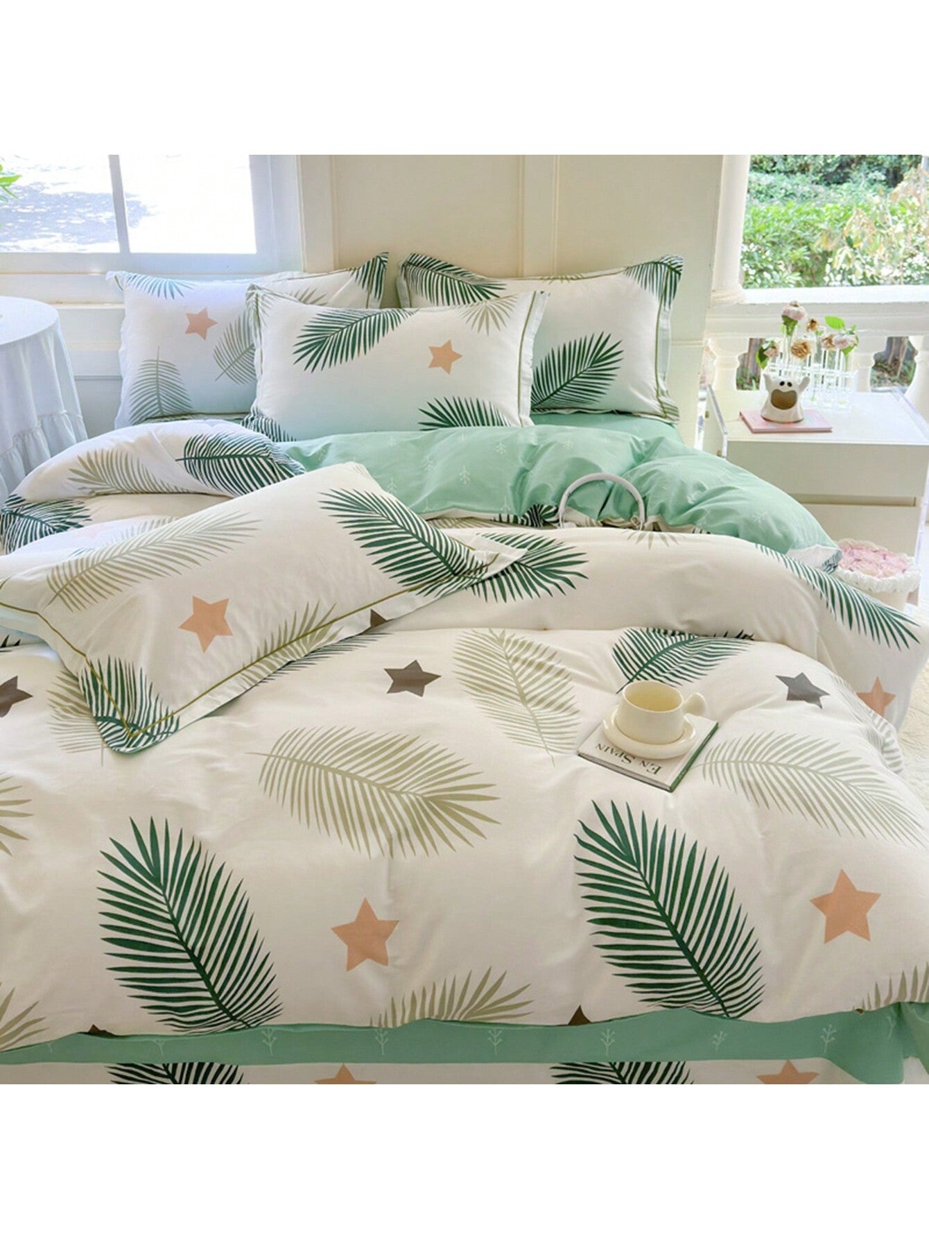 1 Set Breathable Leaf Print Duvet Cover And Pillowcase Set (3 Pcs) - 4 Corner Ties, Comfortable For All Seasons, Zipper Closure, Machine Washable, Available In Single