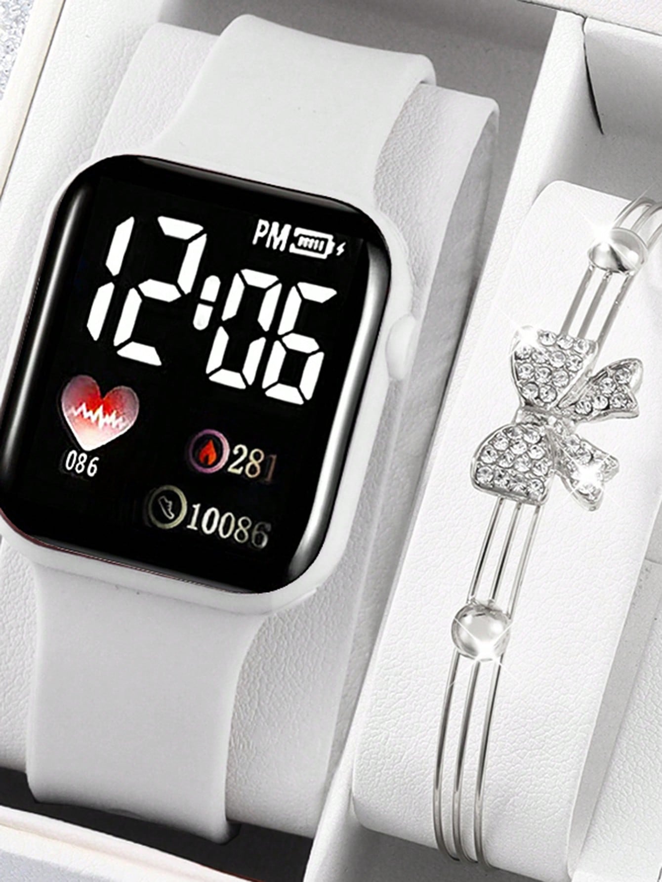 6pcs Girls Heart-Shaped Digital Display Electronic Watch Set With Bow & Rhinestone Jewelry, Student Gift