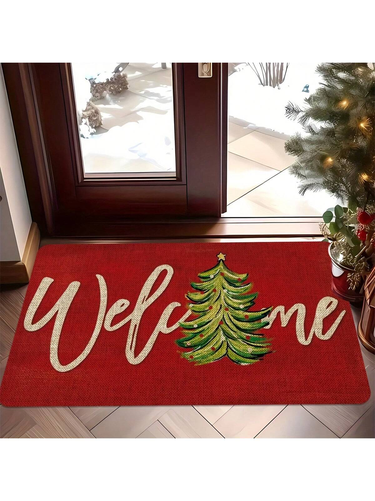 Christmas Welcome Door Mat - Red Machine Washable, Anti Slip, Anti Fouling, Medium Length Hair Flower And Stripe Pattern Suitable For Entrance, Kitchen, Living Room, Bathroom