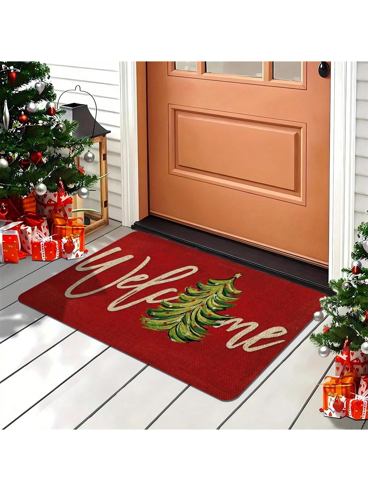 Christmas Welcome Door Mat - Red Machine Washable, Anti Slip, Anti Fouling, Medium Length Hair Flower And Stripe Pattern Suitable For Entrance, Kitchen, Living Room, Bathroom