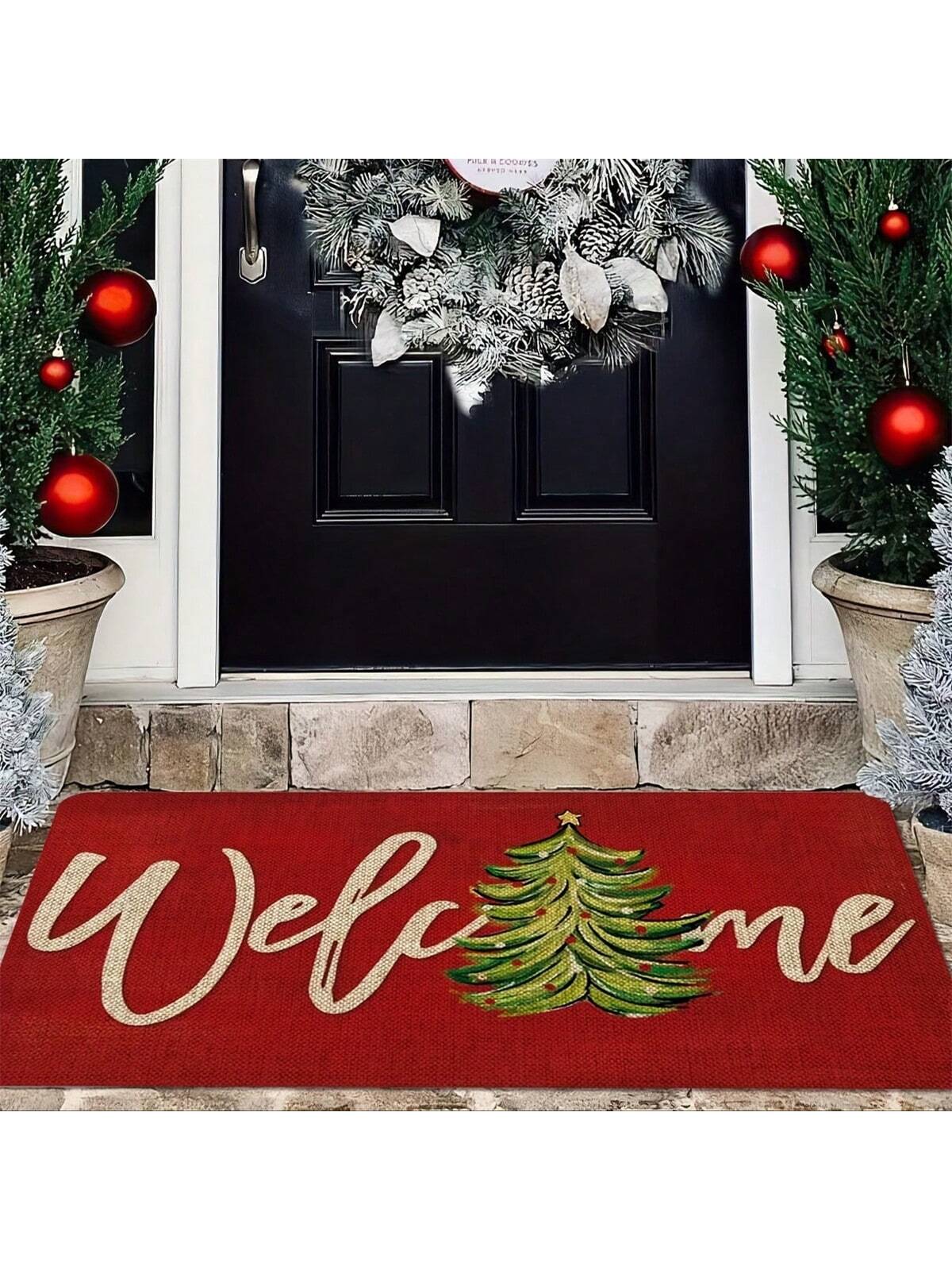 Christmas Welcome Door Mat - Red Machine Washable, Anti Slip, Anti Fouling, Medium Length Hair Flower And Stripe Pattern Suitable For Entrance, Kitchen, Living Room, Bathroom