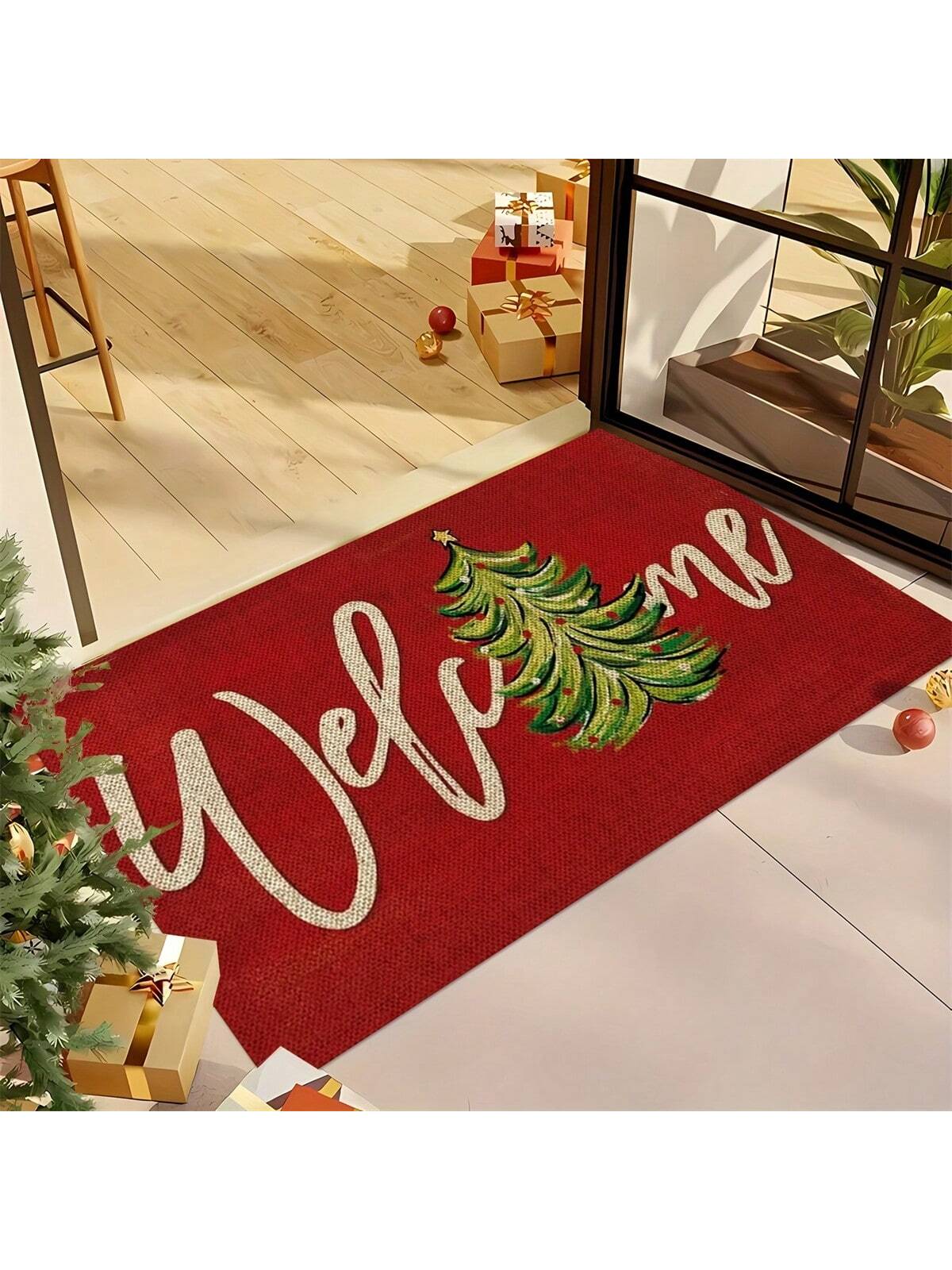 Christmas Welcome Door Mat - Red Machine Washable, Anti Slip, Anti Fouling, Medium Length Hair Flower And Stripe Pattern Suitable For Entrance, Kitchen, Living Room, Bathroom