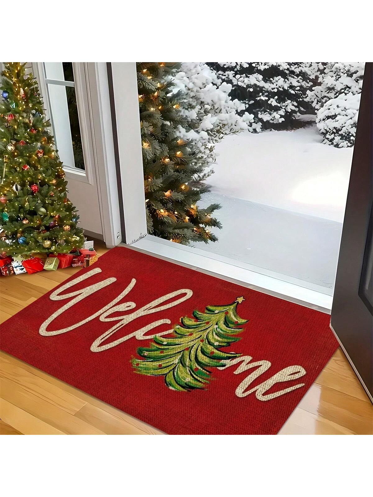 Christmas Welcome Door Mat - Red Machine Washable, Anti Slip, Anti Fouling, Medium Length Hair Flower And Stripe Pattern Suitable For Entrance, Kitchen, Living Room, Bathroom