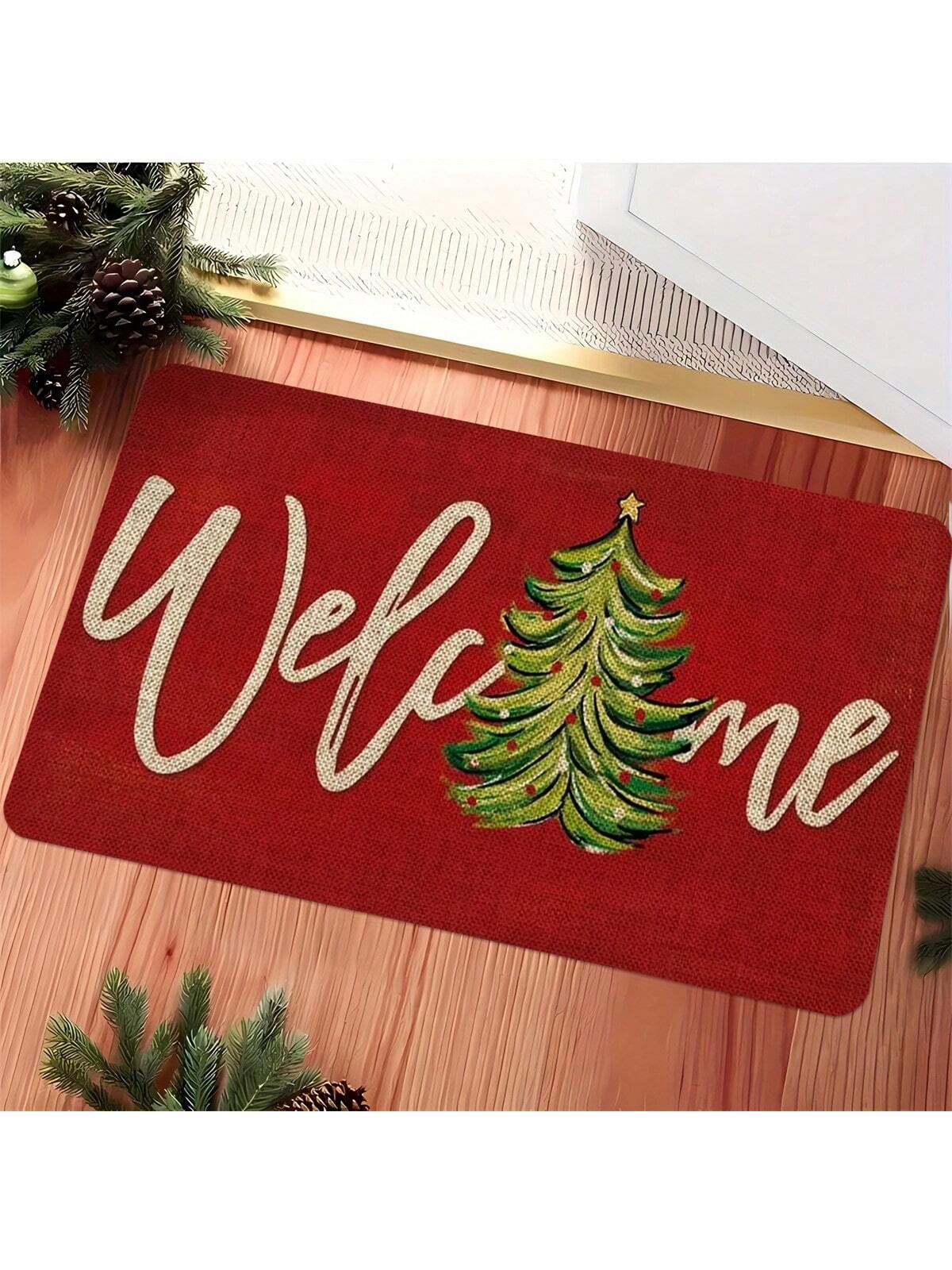 Christmas Welcome Door Mat - Red Machine Washable, Anti Slip, Anti Fouling, Medium Length Hair Flower And Stripe Pattern Suitable For Entrance, Kitchen, Living Room, Bathroom