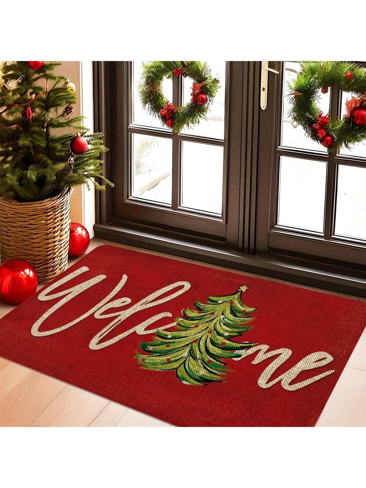 Christmas Welcome Door Mat - Red Machine Washable, Anti Slip, Anti Fouling, Medium Length Hair Flower And Stripe Pattern Suitable For Entrance, Kitchen, Living Room, Bathroom