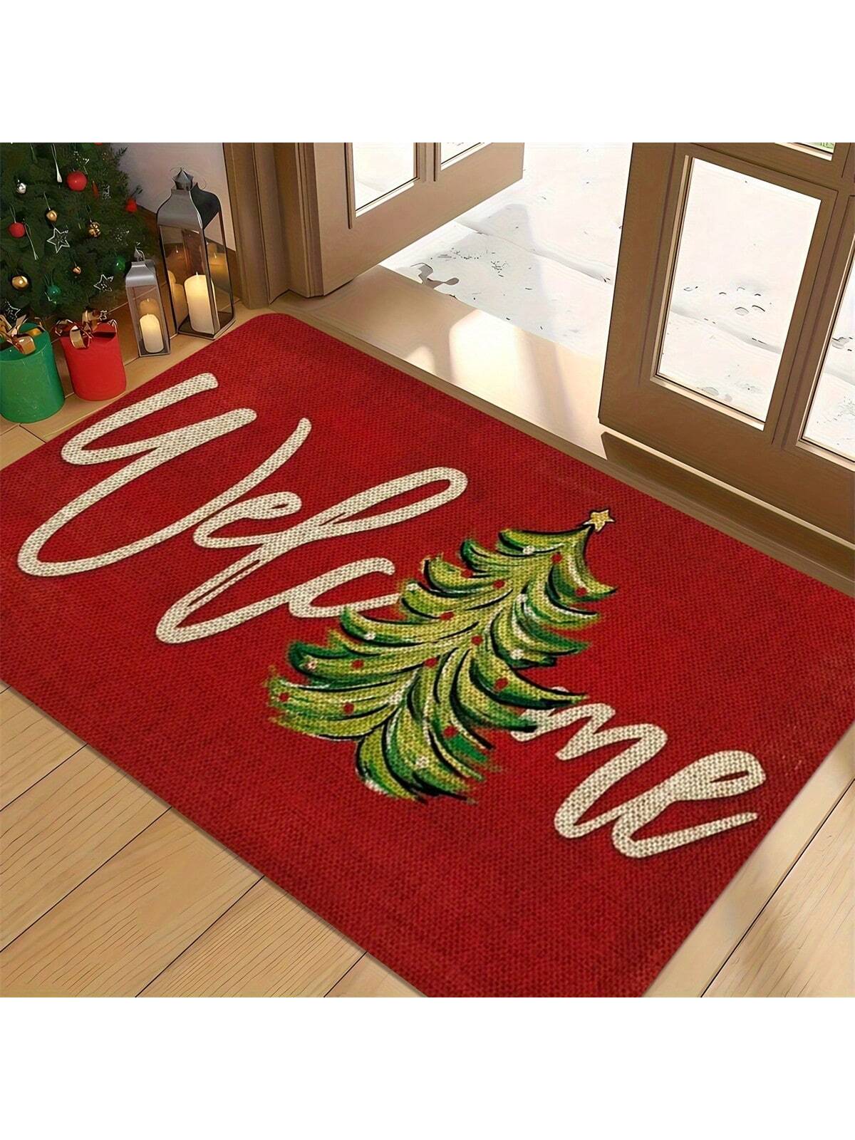 Christmas Welcome Door Mat - Red Machine Washable, Anti Slip, Anti Fouling, Medium Length Hair Flower And Stripe Pattern Suitable For Entrance, Kitchen, Living Room, Bathroom