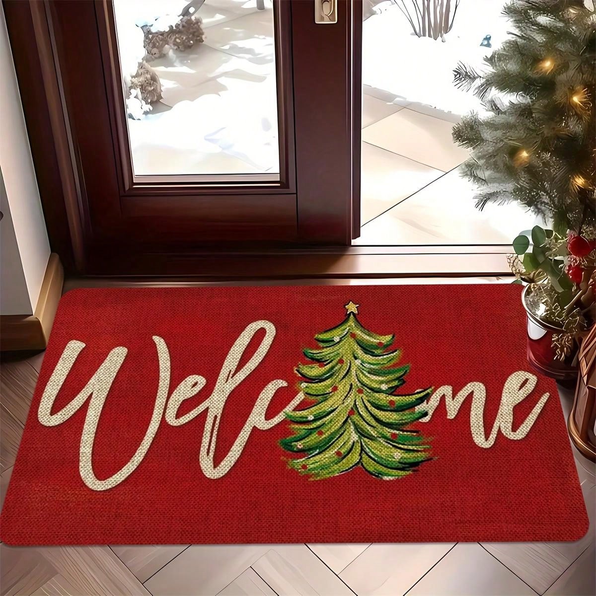 Christmas Welcome Door Mat - Red Machine Washable, Anti Slip, Anti Fouling, Medium Length Hair Flower And Stripe Pattern Suitable For Entrance, Kitchen, Living Room, Bathroom