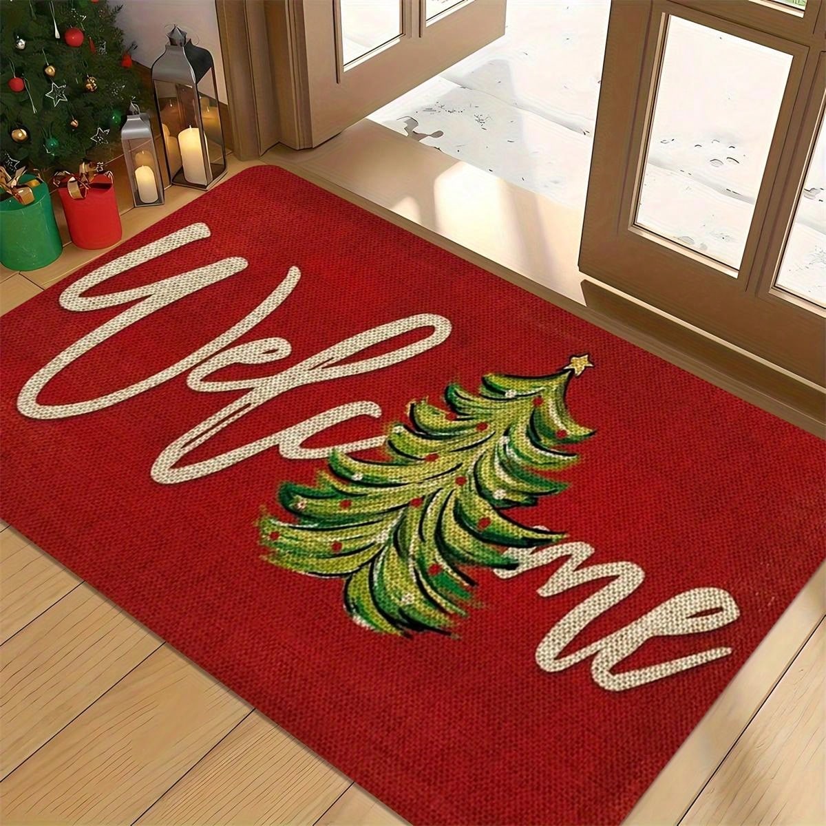 Christmas Welcome Door Mat - Red Machine Washable, Anti Slip, Anti Fouling, Medium Length Hair Flower And Stripe Pattern Suitable For Entrance, Kitchen, Living Room, Bathroom