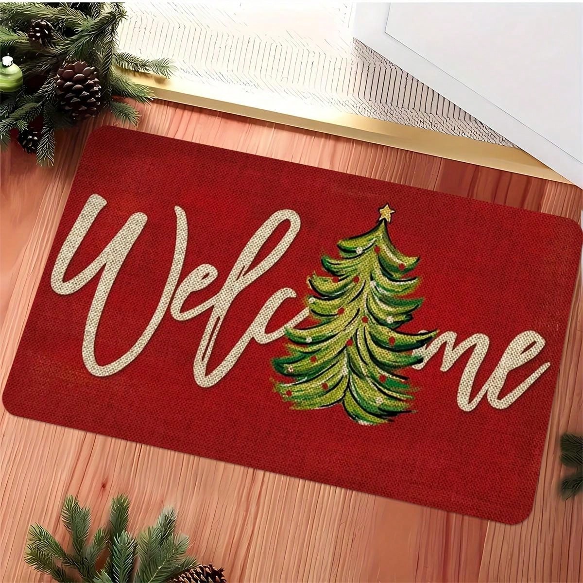 Christmas Welcome Door Mat - Red Machine Washable, Anti Slip, Anti Fouling, Medium Length Hair Flower And Stripe Pattern Suitable For Entrance, Kitchen, Living Room, Bathroom