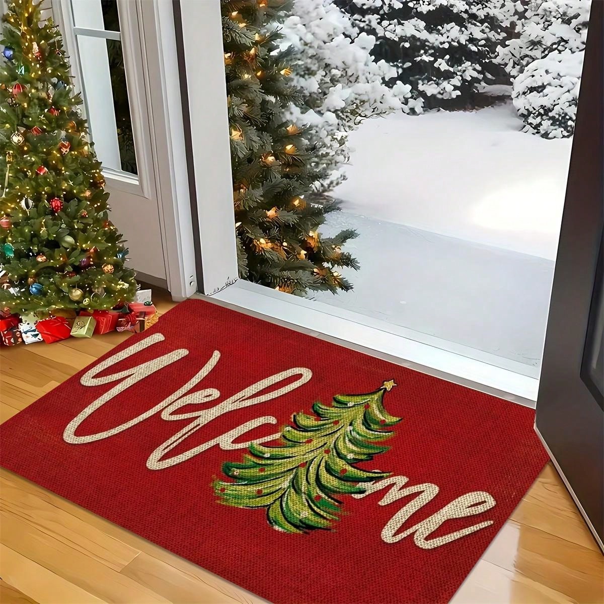 Christmas Welcome Door Mat - Red Machine Washable, Anti Slip, Anti Fouling, Medium Length Hair Flower And Stripe Pattern Suitable For Entrance, Kitchen, Living Room, Bathroom