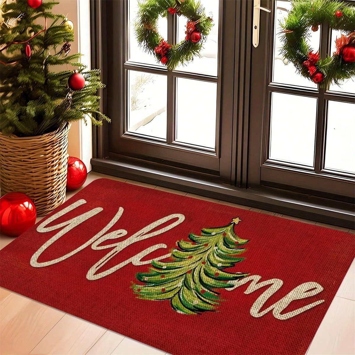 Christmas Welcome Door Mat - Red Machine Washable, Anti Slip, Anti Fouling, Medium Length Hair Flower And Stripe Pattern Suitable For Entrance, Kitchen, Living Room, Bathroom