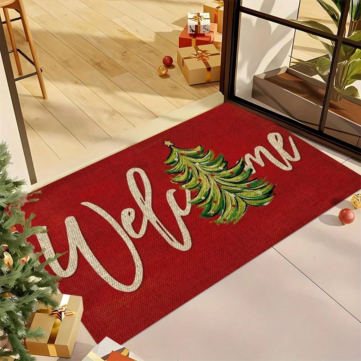 Christmas Welcome Door Mat - Red Machine Washable, Anti Slip, Anti Fouling, Medium Length Hair Flower And Stripe Pattern Suitable For Entrance, Kitchen, Living Room, Bathroom