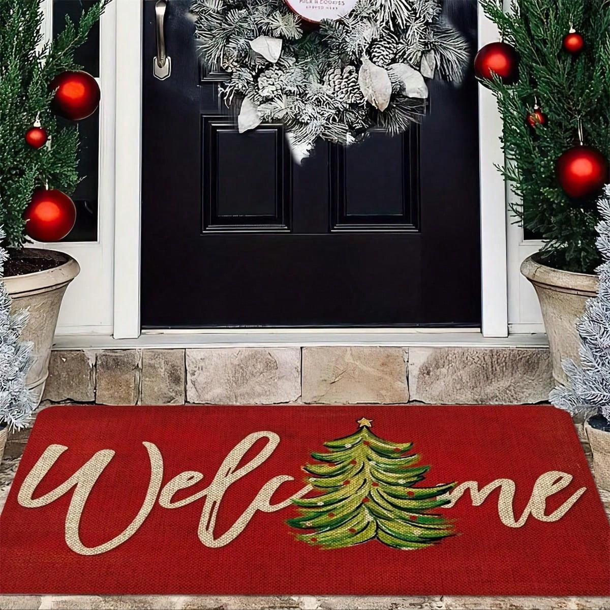 Christmas Welcome Door Mat - Red Machine Washable, Anti Slip, Anti Fouling, Medium Length Hair Flower And Stripe Pattern Suitable For Entrance, Kitchen, Living Room, Bathroom