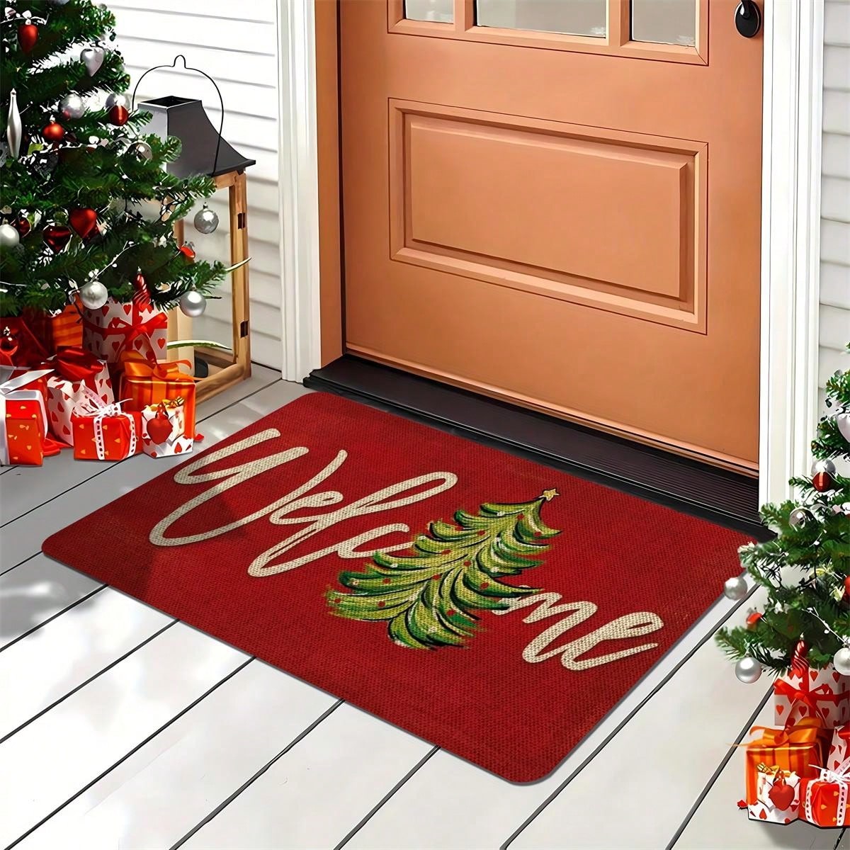 Christmas Welcome Door Mat - Red Machine Washable, Anti Slip, Anti Fouling, Medium Length Hair Flower And Stripe Pattern Suitable For Entrance, Kitchen, Living Room, Bathroom