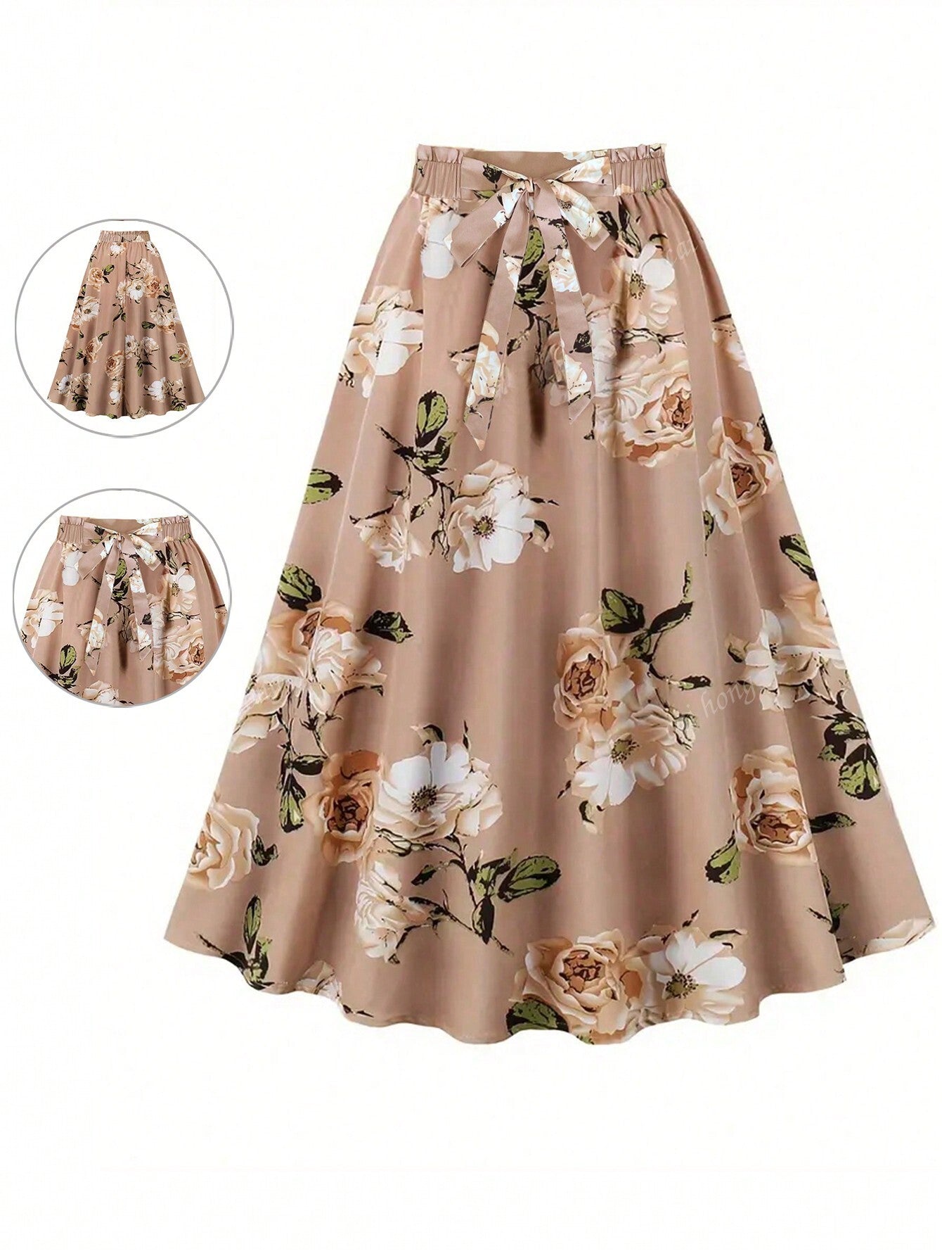 Autumn Hot-Selling Women's Clothing Trend Fashion Color Block Casual Printed Waist Tie Bow Elegant And Versatile Commuter Style A-Line Skirt Skirt Long Skirt