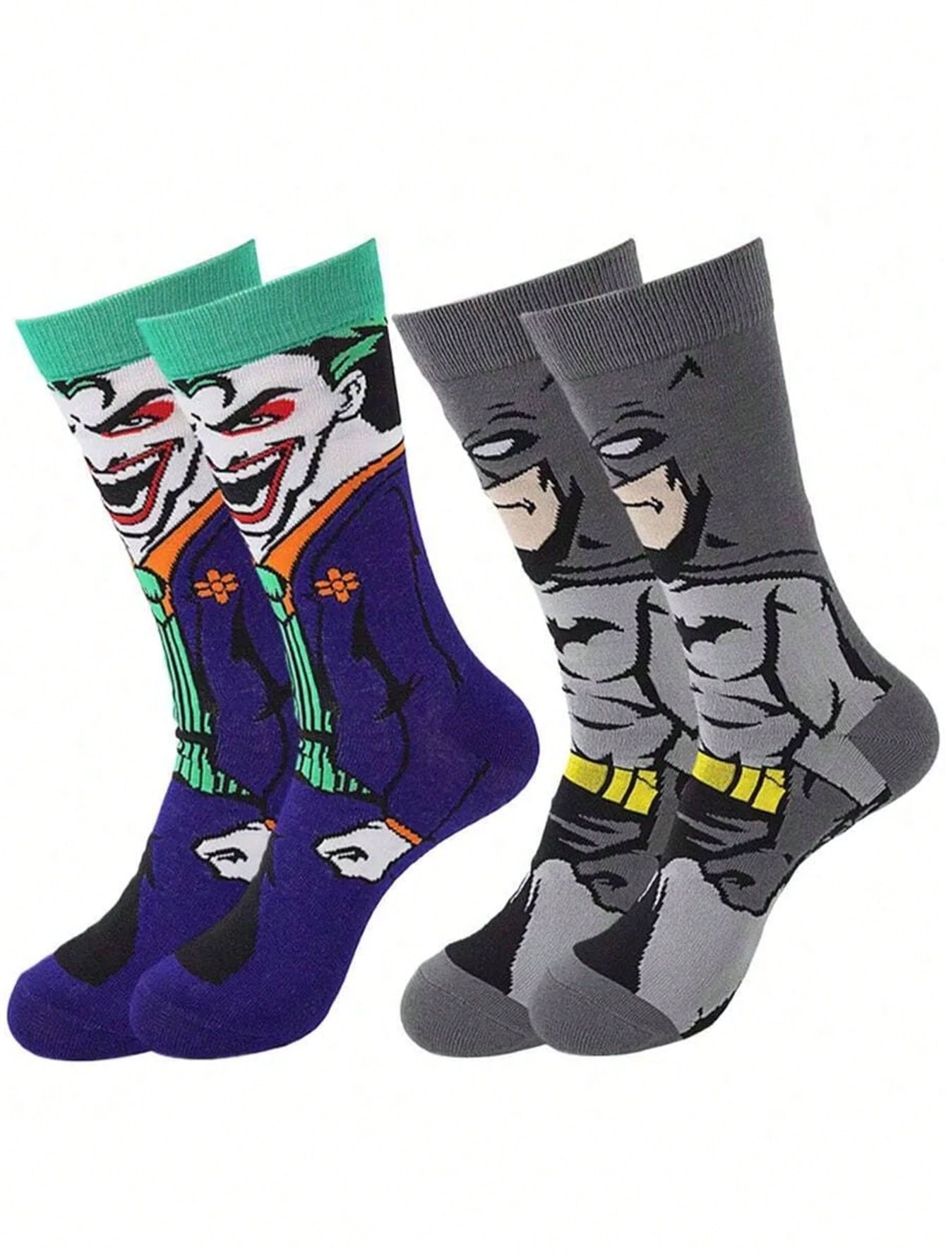 POTDEMIEL 2Pairs Batman Superman Flashman Joker Superwoman Wonder Woman Cartoon Anime Socks Long Tube Socks For Men Women Christmas Halloween Novelty Funny Happy Crazy Socks