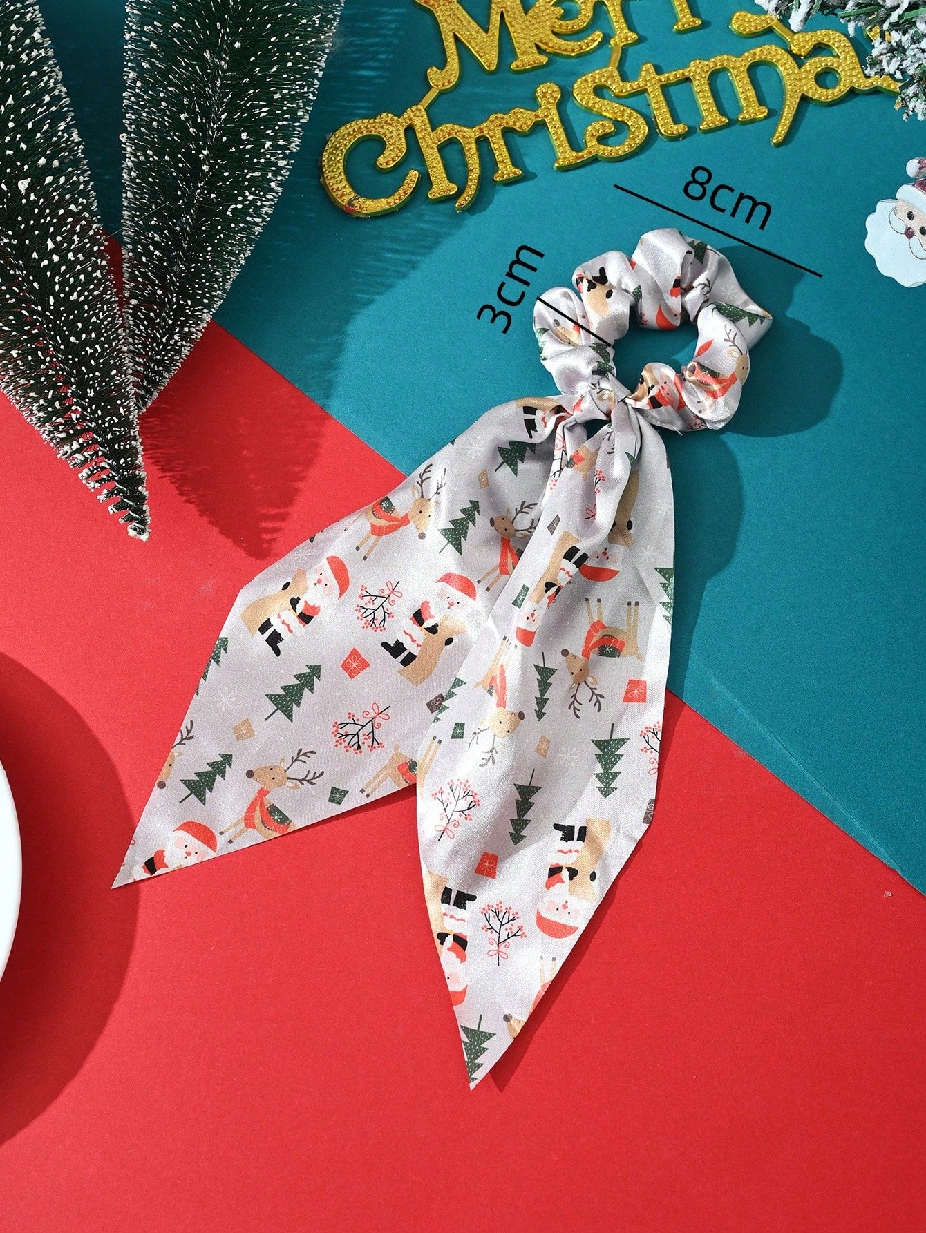 1pc Christmas Party Cloth Fabric Print Xmas Tree Santa Claus Streamers Hair Scrunchies, Hair Accessories For Holiday Gathering Outfit Matching