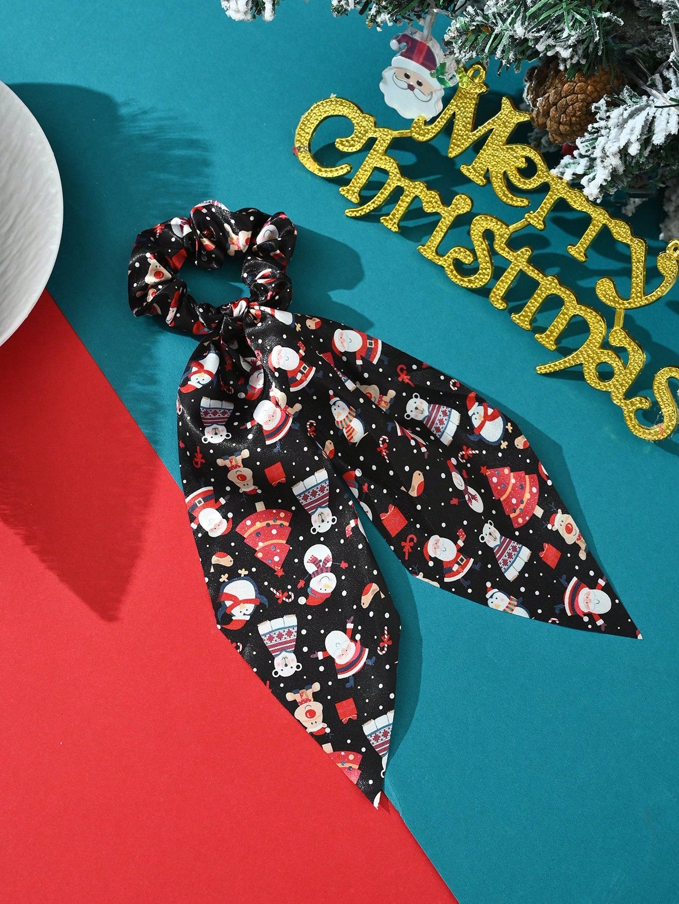 1pc Christmas Party Cloth Fabric Print Xmas Tree Santa Claus Streamers Hair Scrunchies, Hair Accessories For Holiday Gathering Outfit Matching