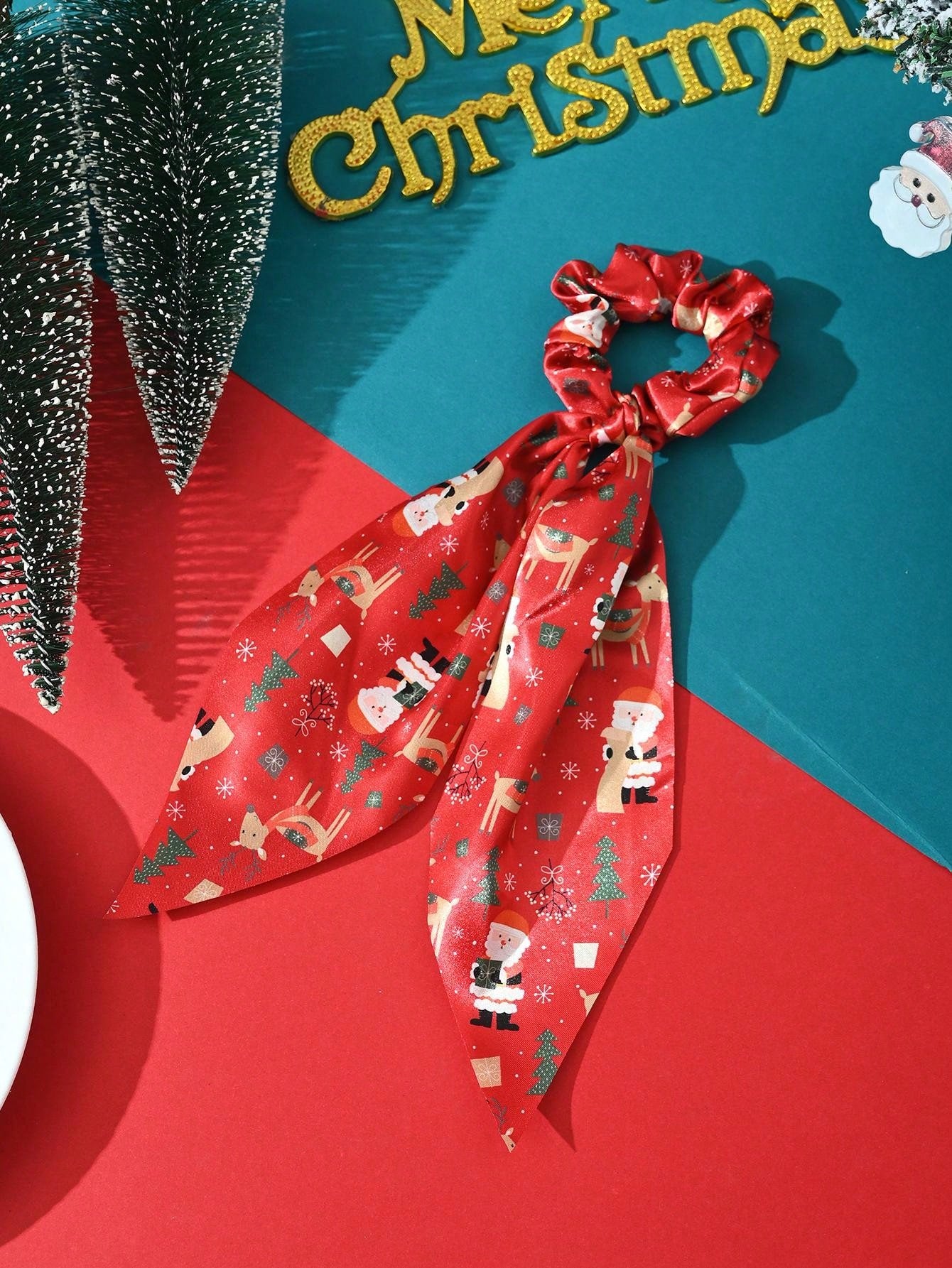 1pc Christmas Party Cloth Fabric Print Xmas Tree Santa Claus Streamers Hair Scrunchies, Hair Accessories For Holiday Gathering Outfit Matching