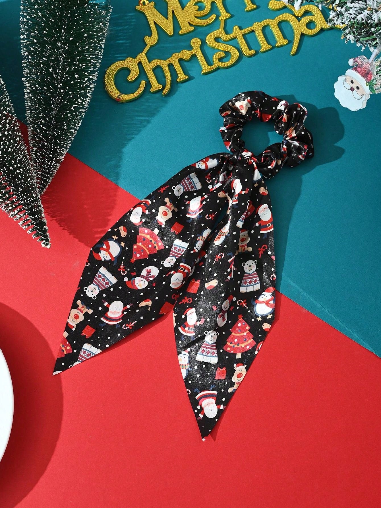 1pc Christmas Party Cloth Fabric Print Xmas Tree Santa Claus Streamers Hair Scrunchies, Hair Accessories For Holiday Gathering Outfit Matching