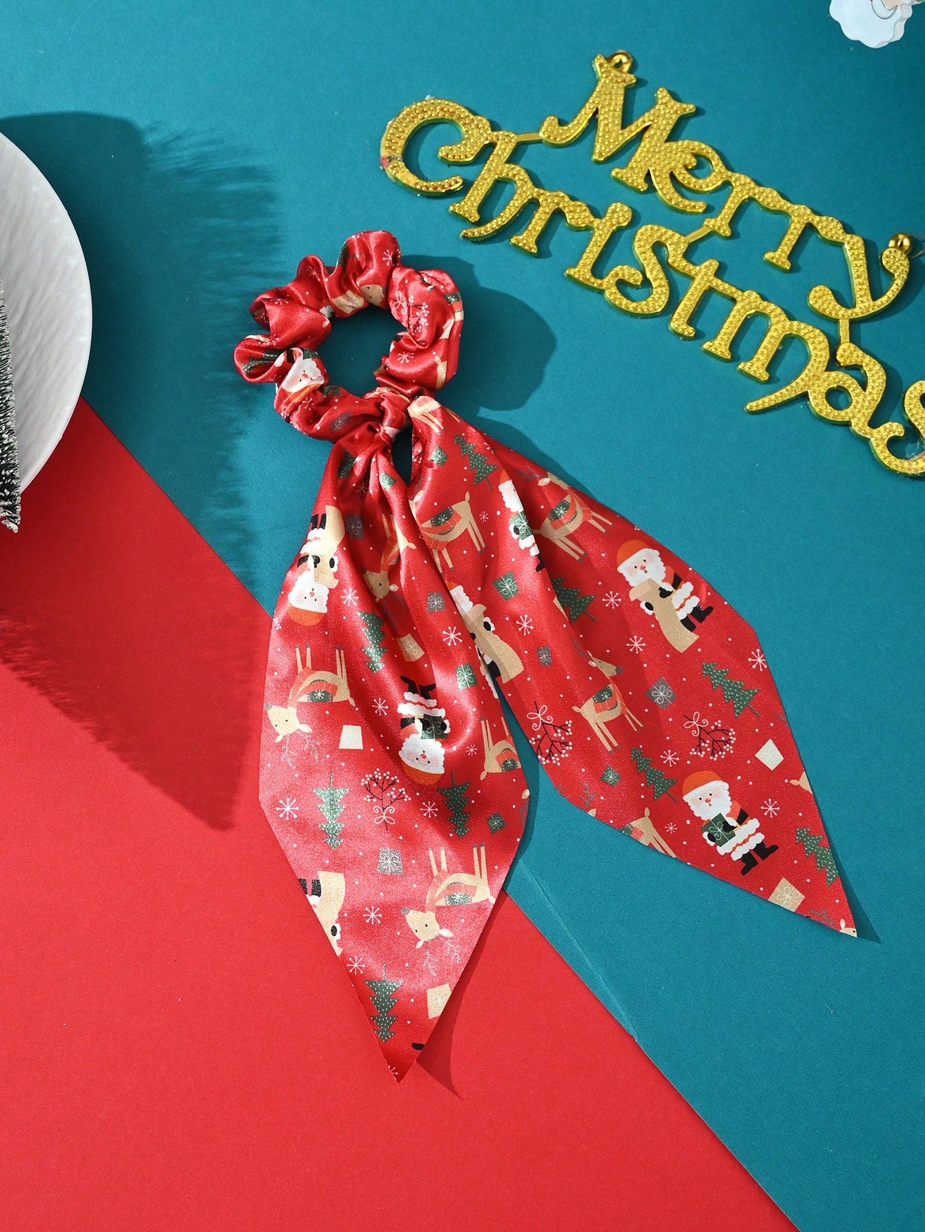 1pc Christmas Party Cloth Fabric Print Xmas Tree Santa Claus Streamers Hair Scrunchies, Hair Accessories For Holiday Gathering Outfit Matching