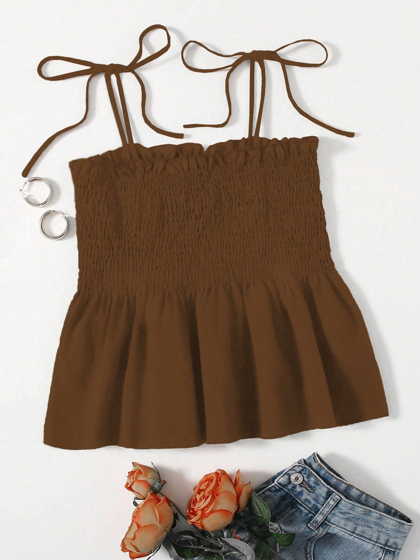 VCAY Knot Shoulder Ruffle Hem Cami Top